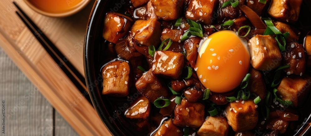 Poster asian cuisine with a close up of egg pork and tofu in sweet brown sauce displayed from a top view id