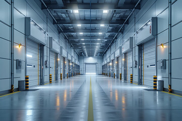 Fototapeta premium Warehouse indoor, supply shelf, retail package, factory shipment