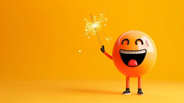 An excited emoji cartoon character with a sparkler, waving goodbye with a big grin on a bright yellow solid background
