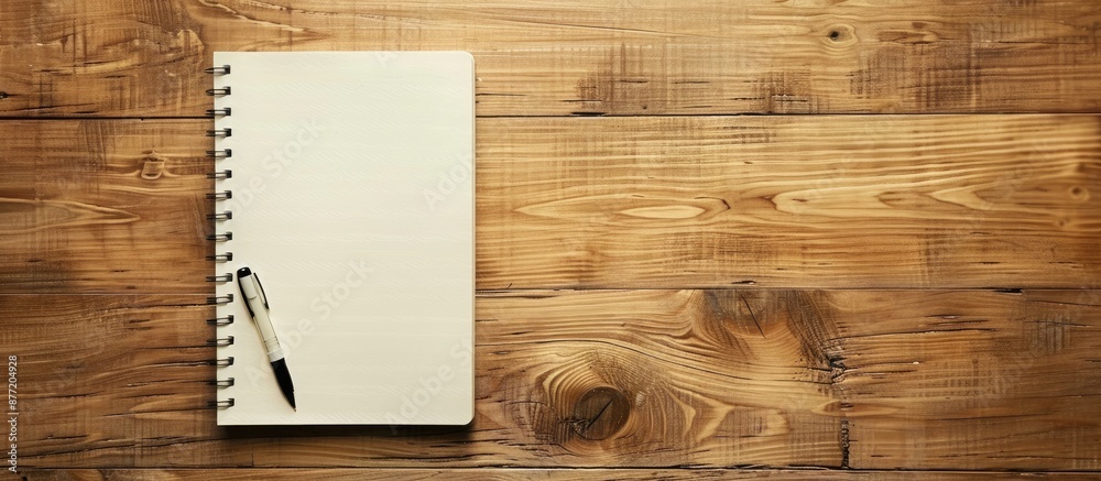 Aufkleber A wooden office desk displaying a blank notebook page and pen from above ideal for adding images or text. with copy space image. Place for adding text or design