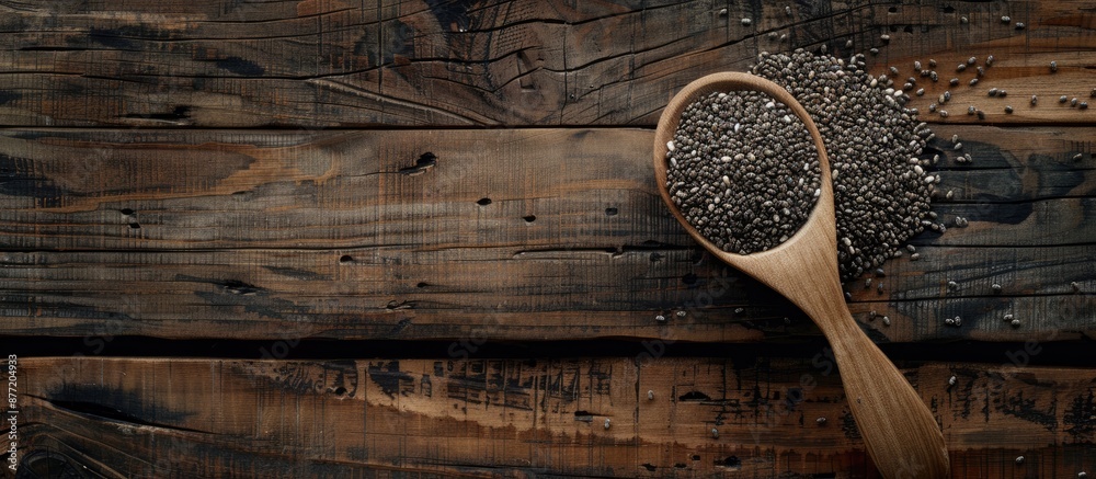 Poster spoon holding chia seeds against a wooden table with a plain background suitable for copy space imag
