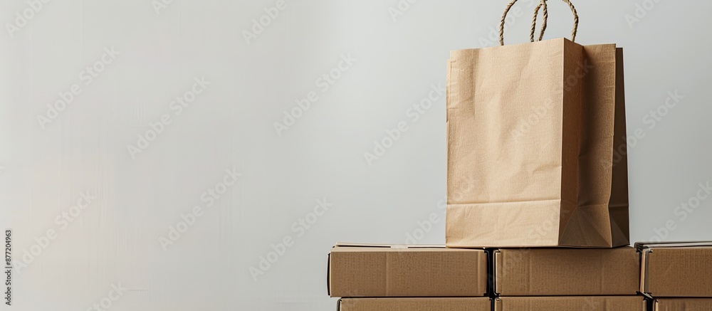 Poster Shopping bag placed on top of a stack of cardboard boxes against a white backdrop leaving space for additional imagery