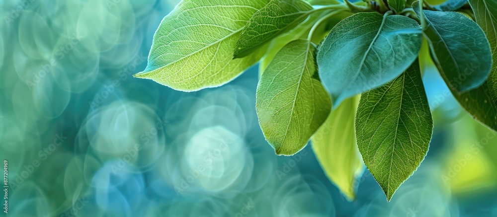 Poster Macro view of fresh green pear tree leaves in a spring or summer nature background with shallow depth of field for a copy space image