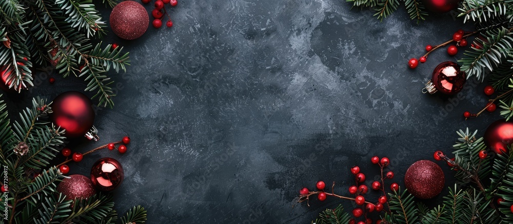 Poster christmas themed backdrop with a festive touch of red christmas ornaments ideal for creating holiday