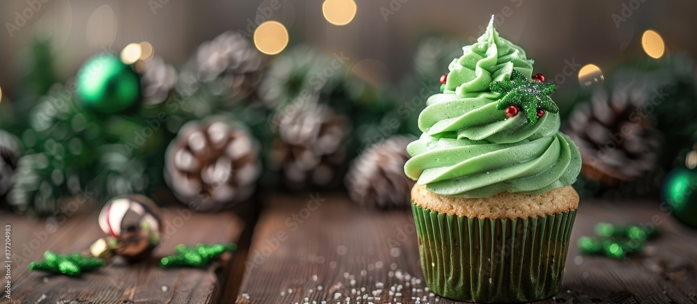 Aufkleber a delectable cupcake topped with green frosting and festive christmas decorations showcased on a woo