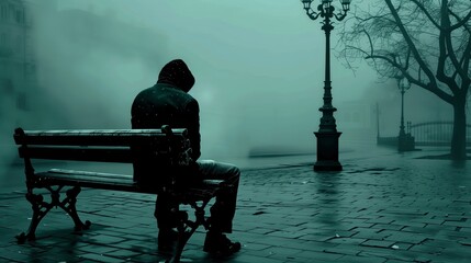 Fototapeta premium A lone individual sits on a park bench amidst a foggy urban landscape, surrounded by bare trees and vintage street lamps that fade into the misty background.