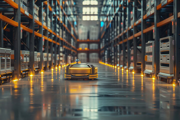 Obraz premium Robotic warehouse, stock and good delivery, merchandise and package retail shelf