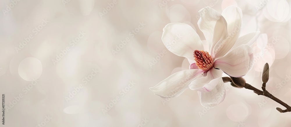 Poster White spring background featuring a magnolia flower on a branch with a shallow depth of field to highlight the floral beauty ideal for copy space image