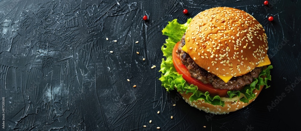 Aufkleber Gourmet hamburger displayed on a black background with available copy space image