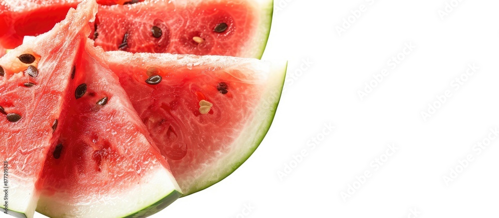 Poster Freshly sliced red watermelon displayed in a close up shot on a white background providing ample copy space for text