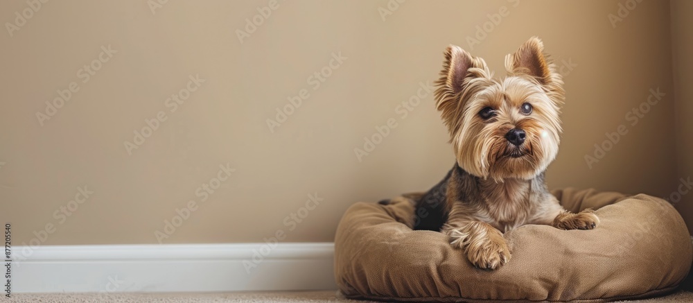 Aufkleber small yorkshire terrier dog rests in a pet bed on the floor by a beige wall creating a charming scen