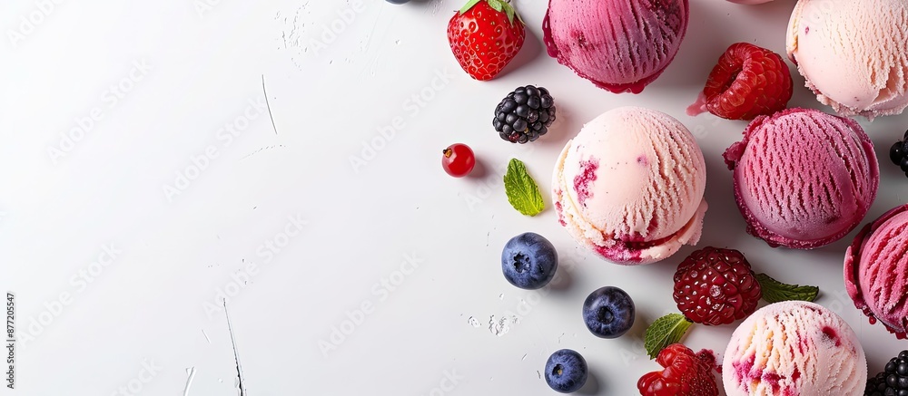 Poster various flavors of refreshing ice cream balls surrounded by fresh berries on a white backdrop with c