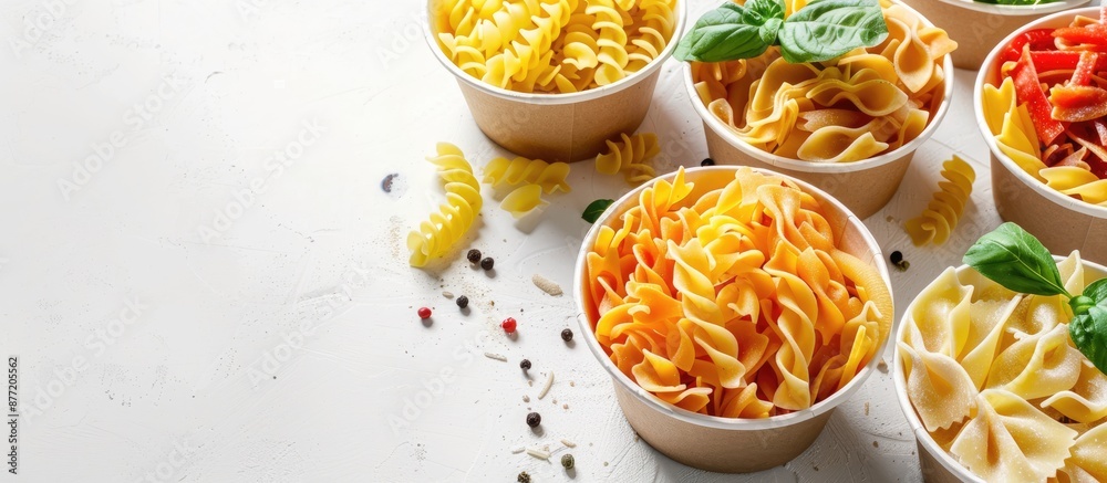 Aufkleber a colorful assortment of pasta displayed in disposable kraft paper cups against a white backdrop pro