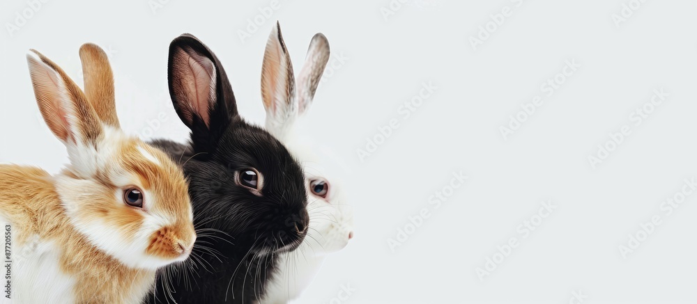 Poster Three adorable fluffy rabbits brown white and black on a white background creating a charming scene with copy space image