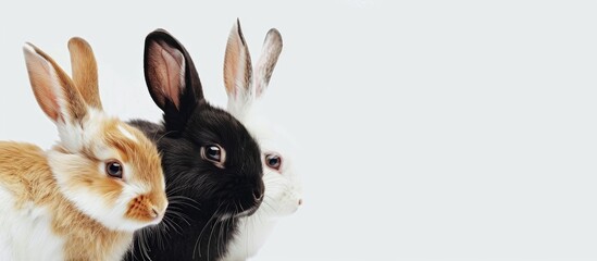 Obraz premium Three adorable fluffy rabbits brown white and black on a white background creating a charming scene with copy space image