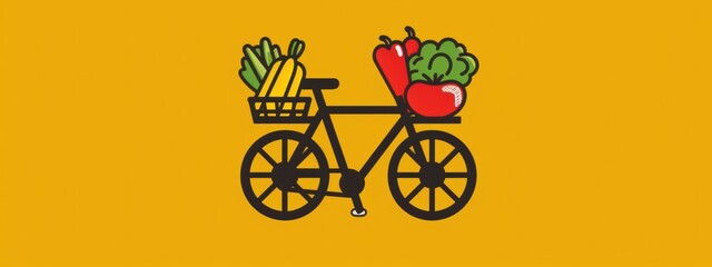 A bicycle with a basket full of fruits and vegetables. The bicycle is on a yellow background. The bicycle is a symbol of healthy living and the fruits