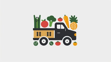 A truck is filled with vegetables and fruits. The truck is black and white. The truck is a symbol of healthy eating