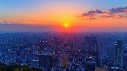 Obraz premium Stunning cityscape at sunset with vibrant colors and high-rise buildings under a beautiful sky.