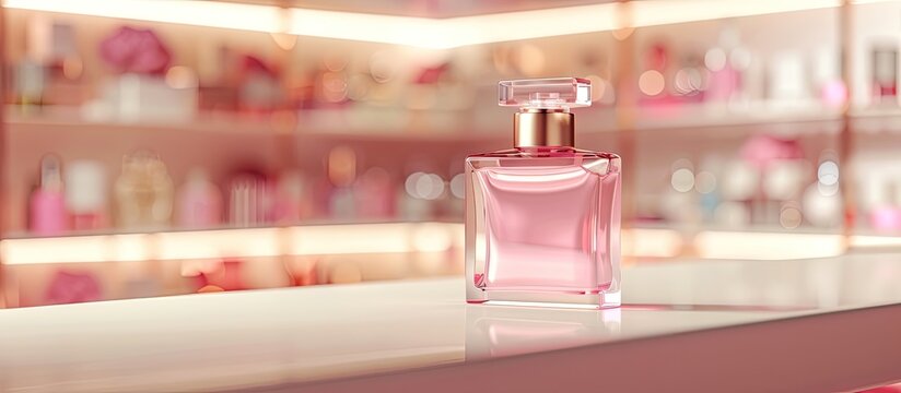 Cosmetic store showcasing a classic female perfume in a pink mock up glass bottle with copy space image available