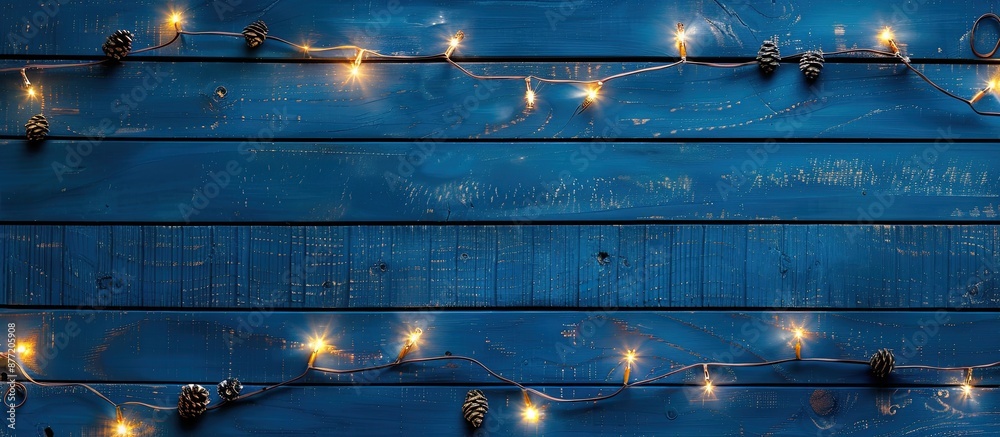 Fototapete Top view of Christmas garland lights on a blue wooden background with a designated area for adding text creating a copy space image