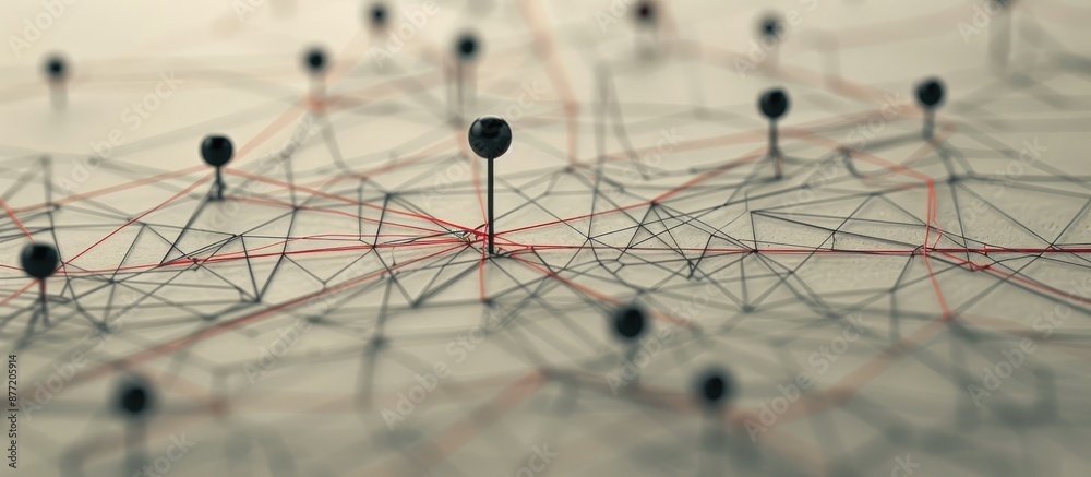 Aufkleber Connection between social media and a communications network shown in network simulation on white paper with a black nail and red thread linking entities creating a copy space image