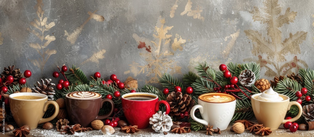 Poster a festive display of aromatic coffee cups set against a backdrop featuring fir branches berries and 