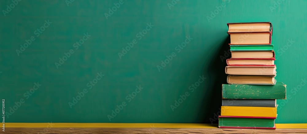 Poster vibrant books on a table with a green wall backdrop providing copy space for text reflects an educat