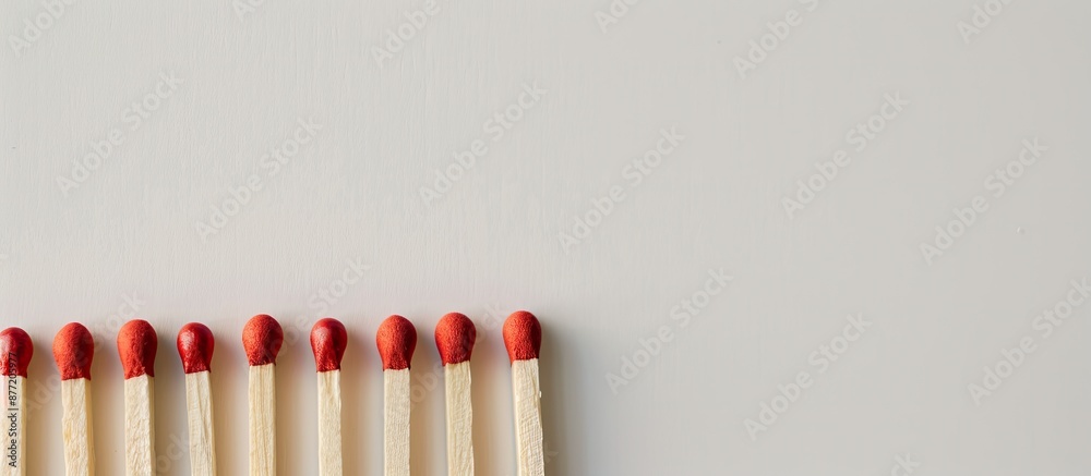 Poster A row of matches on a white surface with copy space image available