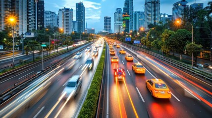 Fototapeta premium Busy urban highway with yellow taxis, speed motion blur, and city skyline during twilight hour in a vibrant metropolitan area.