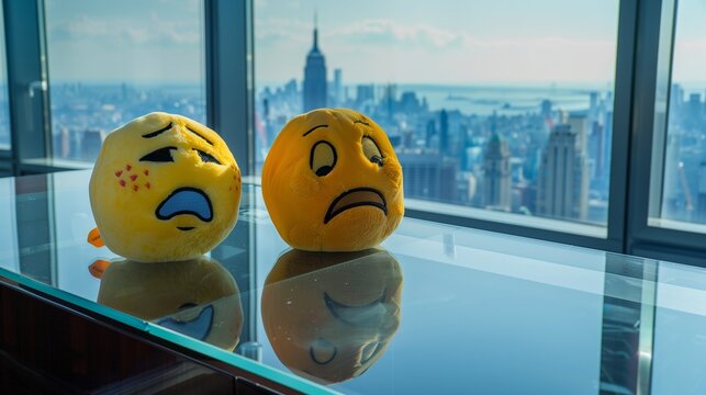 Two yellow emoji plush toys with crying faces placed on a sleek, glass office desk with a cityscape view in the background - Powered by Adobe