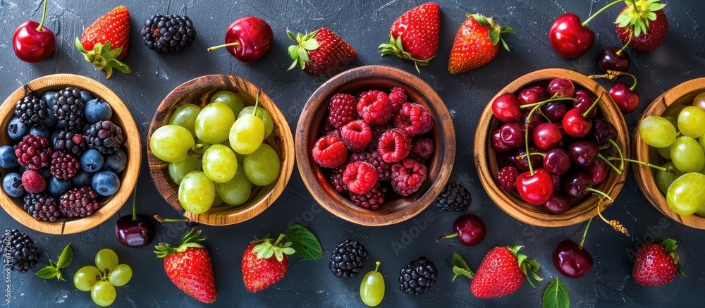 Poster copy space image featuring an assortment of fresh berries such as cherry raspberry strawberry blackb