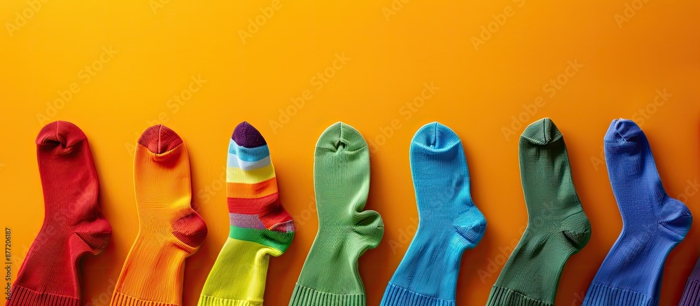 Poster variety of cotton socks on colorful background with copy space image