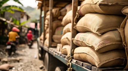 Obraz premium Stacks of coffee sacks were efficiently loaded onto trucks. Each sack contains coffee beans. ready for transport This scene is full of activity. of hard work and the journey of coffee from farm to cup
