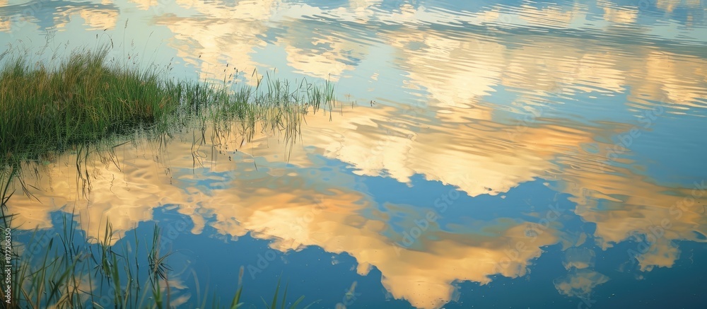 Aufkleber Scenic view of yellow clouds reflected on a lake with a blue sky backdrop and tall reeds ideal for copy space image