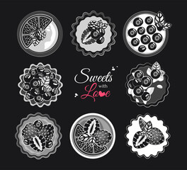 Set of different tarts, open pastry pies and cake with fresh berries. Isolated on dark background, top view. Line art, hand draw illustration