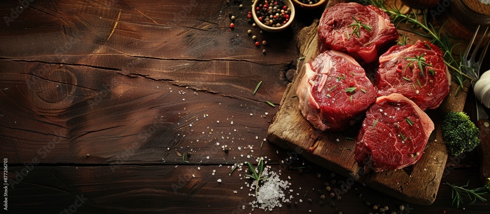 Poster A flat lay arrangement showcases fresh beef on a brown table creating a perfect copy space image