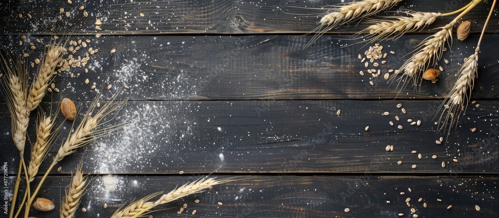 Aufkleber dark black wooden background with wheat flour scattered providing copy space image from a top view i