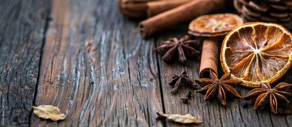 Aufkleber Wooden background with dry fruits and anise creating a rustic setting for a copy space image