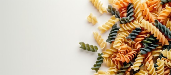Close up top view of a pile of tri colored pasta on a white backdrop with a blank area for additional elements in the image
