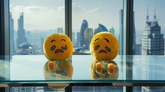 Two yellow emoji plush toys with crying faces placed on a sleek, glass office desk with a cityscape view in the background - Powered by Adobe