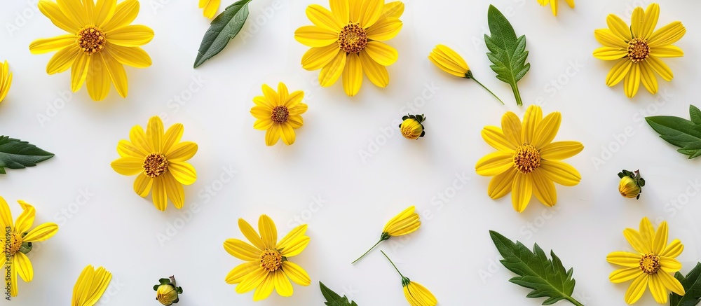 Poster Yellow flowers on a white backdrop in a creative layout evoking summer vibes ideal for a flat lay view with ample copy space image