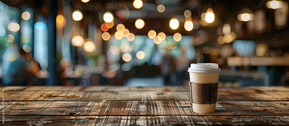 Poster a brown wooden table with copy space image to feature products against a blurred coffee shop backgro
