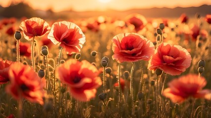 Obraz premium An exquisite abstract scene of a field full of red poppies glowing in the golden light of the setting sun, making for a captivating backdrop or wallpaper