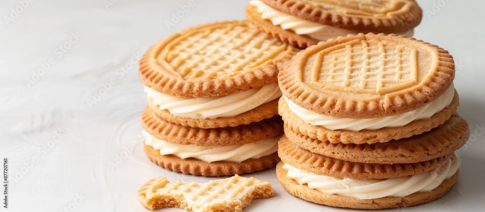Aufkleber sandwich cookies featuring creamy filling featured on a white backdrop with a clear area for additio
