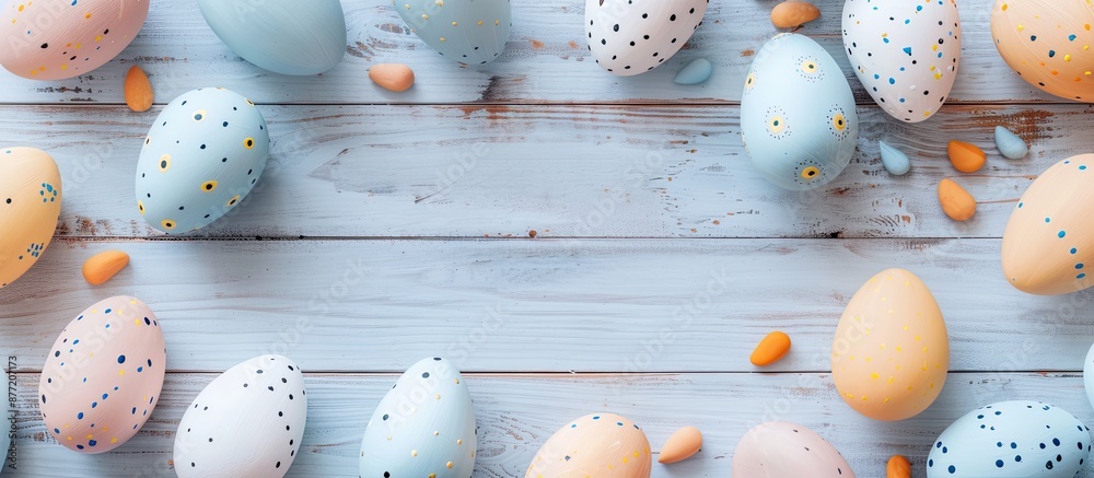 Aufkleber Easter themed background featuring colored eggs and a blank frame for copy space image on a light wooden background