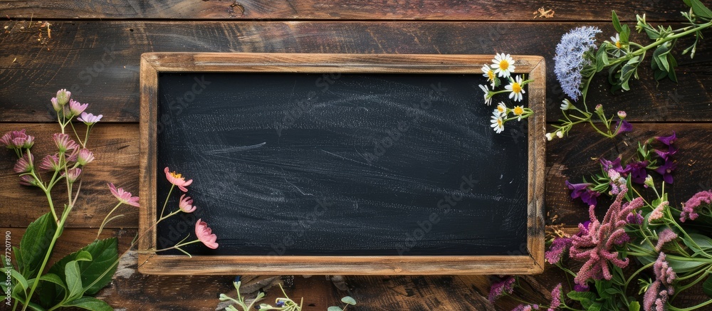 Aufkleber Chalkboard sitting on wooden surface adorned with flowers presents a spring themed setting in a flat lay composition with a copy space image