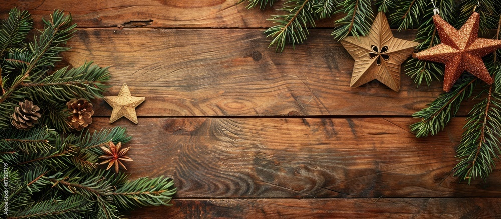 Poster wooden background featuring a festive christmas card adorned with a decorative star fir branches and