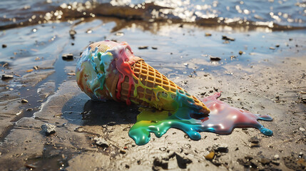 Melted Ice Cream Cone on the Ground Representing Disappointment and Transience