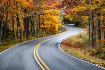 Fototapeta premium Scenic winding road surrounded by vibrant autumn foliage, showcasing the beauty of fall colors in a serene forest setting.