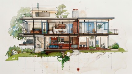 Harmonious Blend: Watercolor House Embracing Nature and Renewable Technology